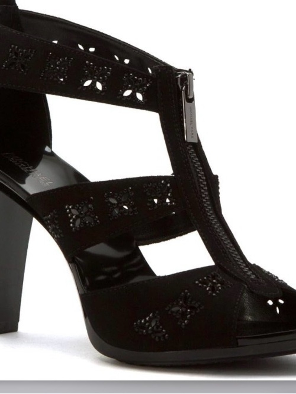 Michael Kors Black Suede Cutout Zip Block Heel Sandal